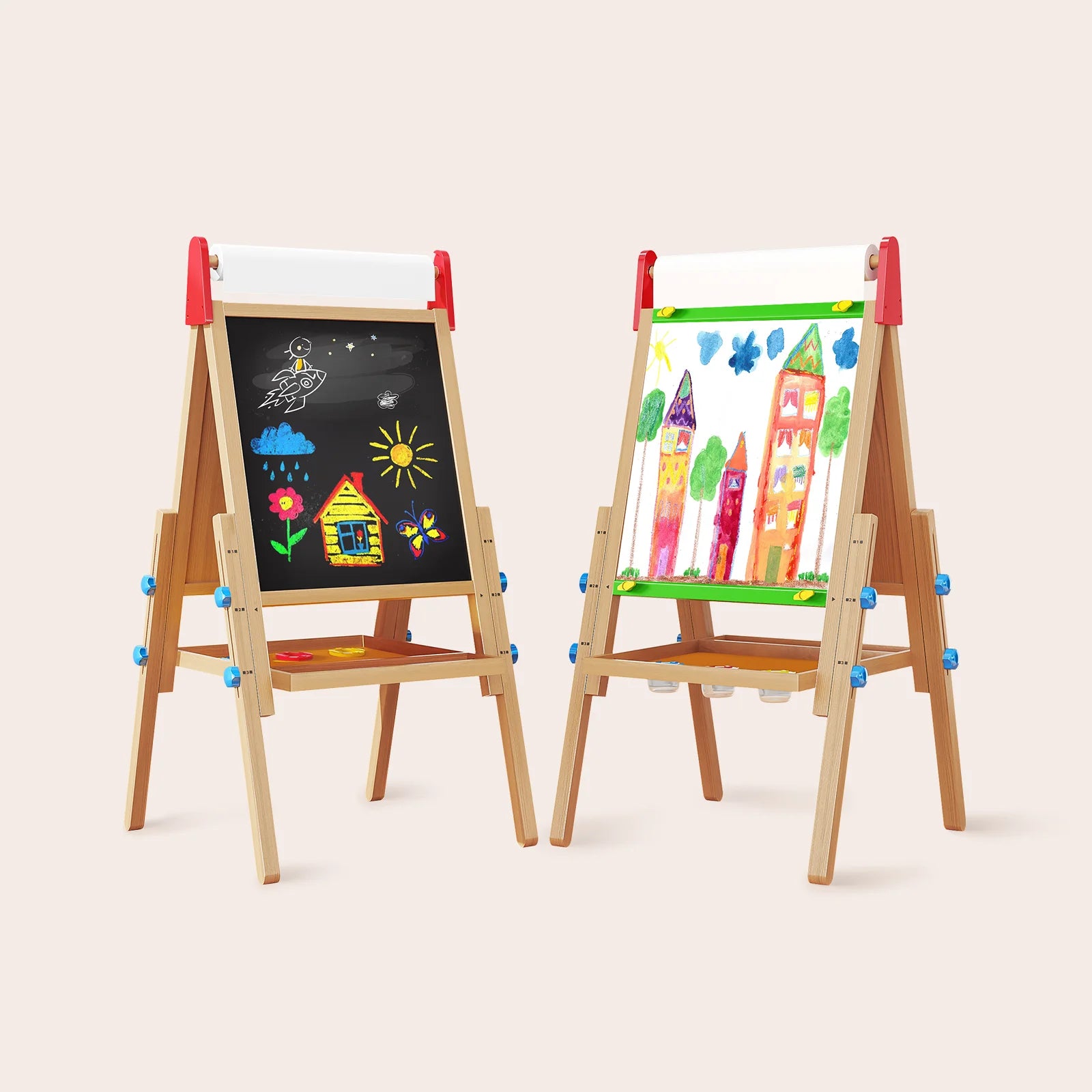 Art Easel for Kids, Adjustable Standing Kids Easel, Kids Easel Double Sided Wooden, White Board & Magnetic Drawing Board & Paper Roll, Paint Art Set