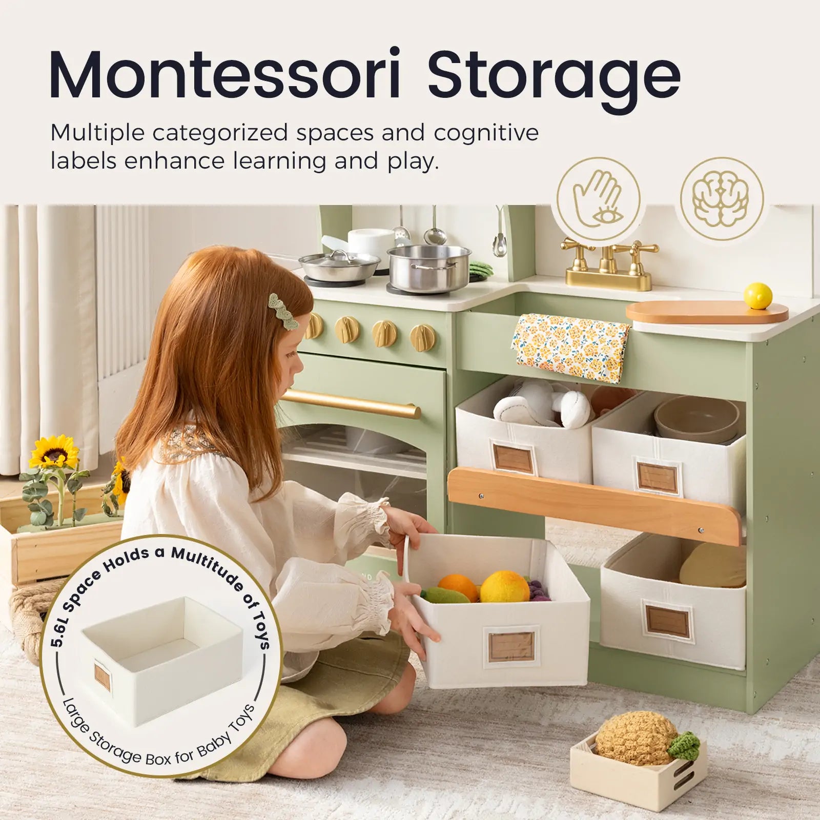 Child organizing toys in a Montessori-style play kitchen with labeled storage boxes.