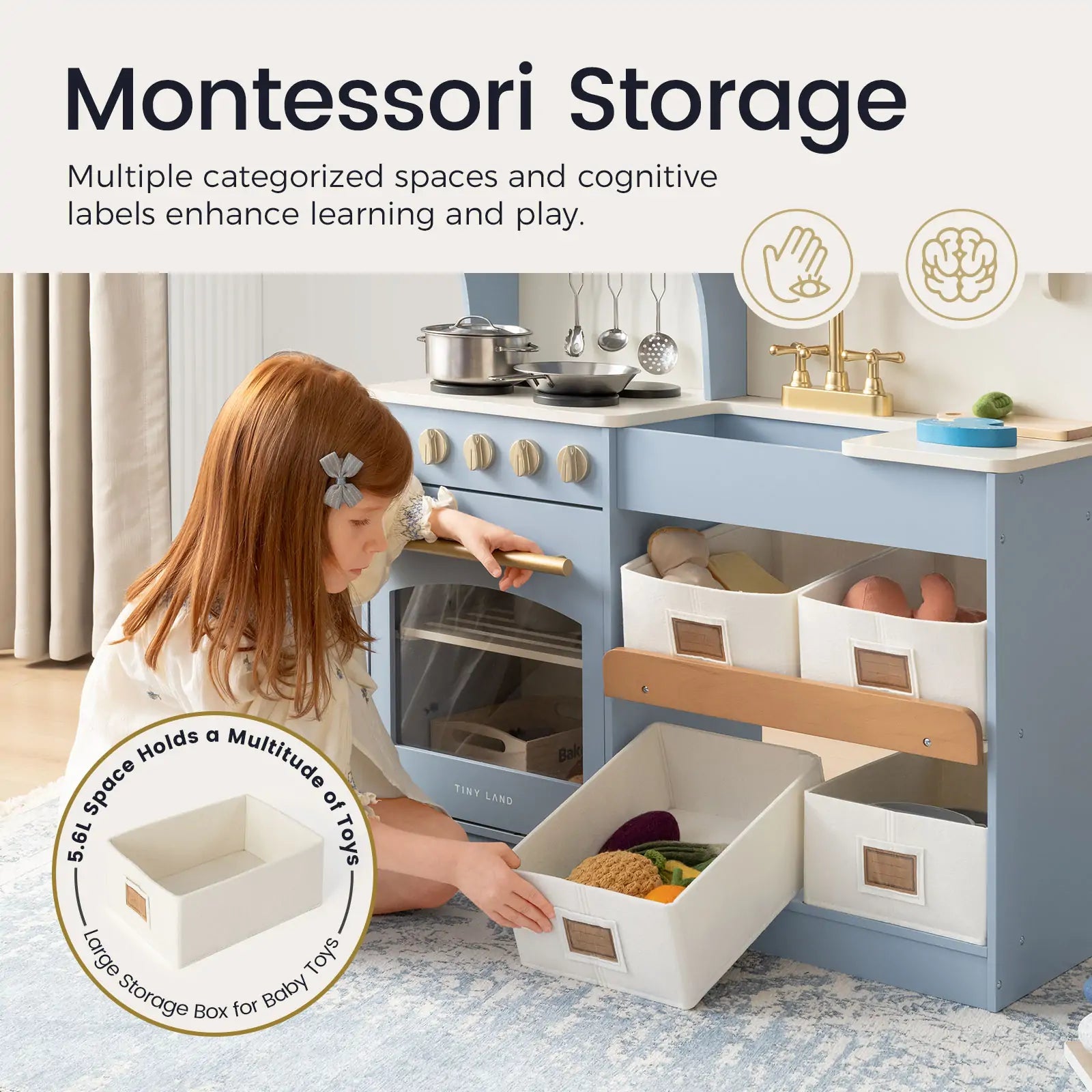 Child organizing toys in a Montessori-style play kitchen with labeled storage boxes.