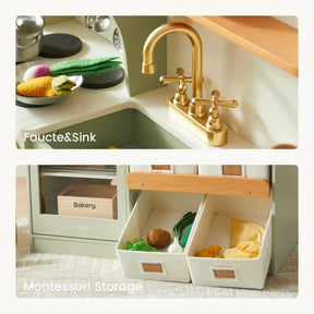 Close-up of play kitchen faucet, sink, and Montessori storage bins with toy food items