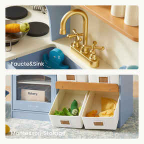 Close-up of play kitchen faucet, sink, and Montessori storage bins with toy food items