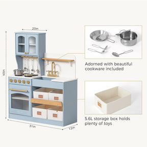 Dimensions and features of a blue wooden play kitchen with included cookware and 5.6L storage box