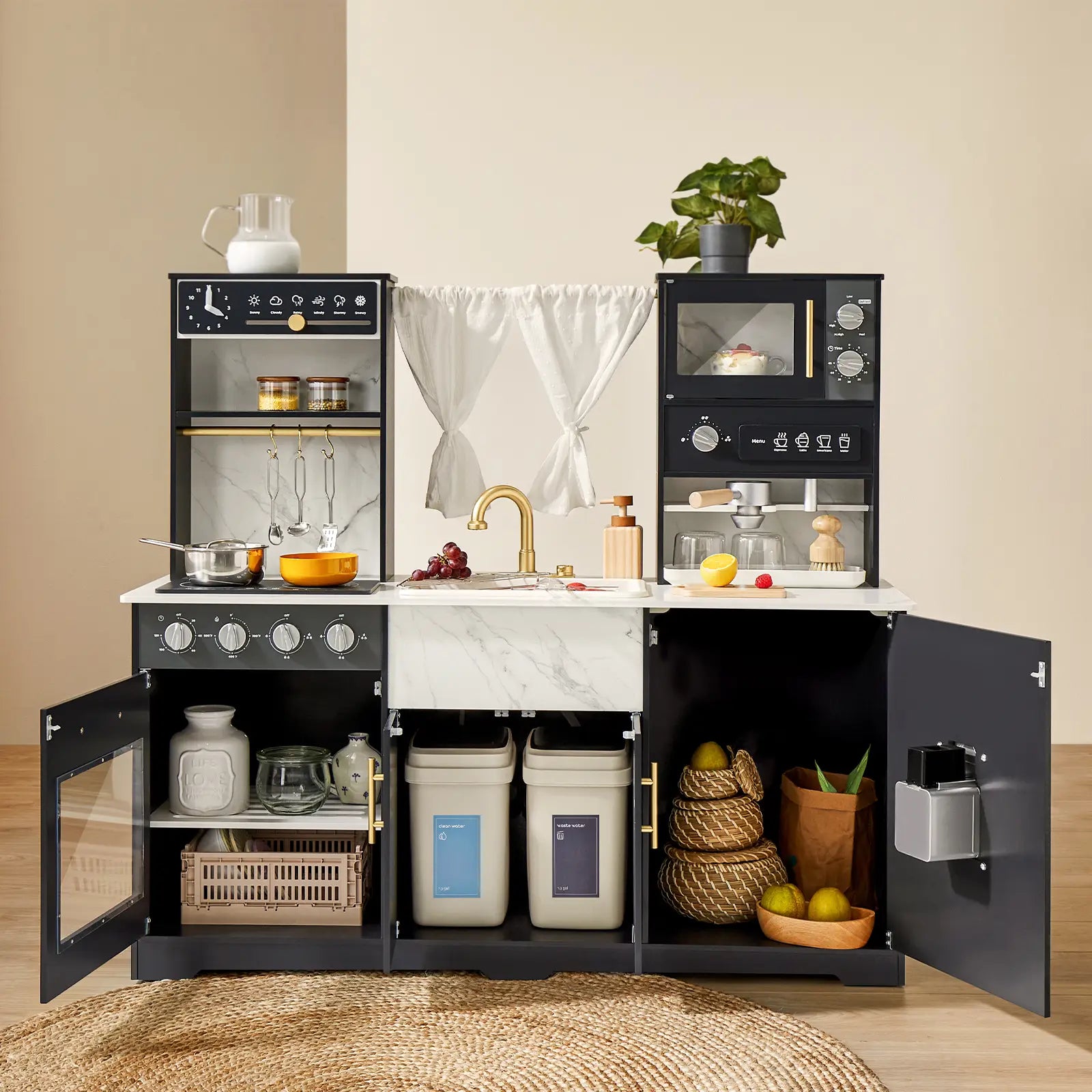 Tiny Land® Black Trendy Play Kitchen with Real-Flow Water System