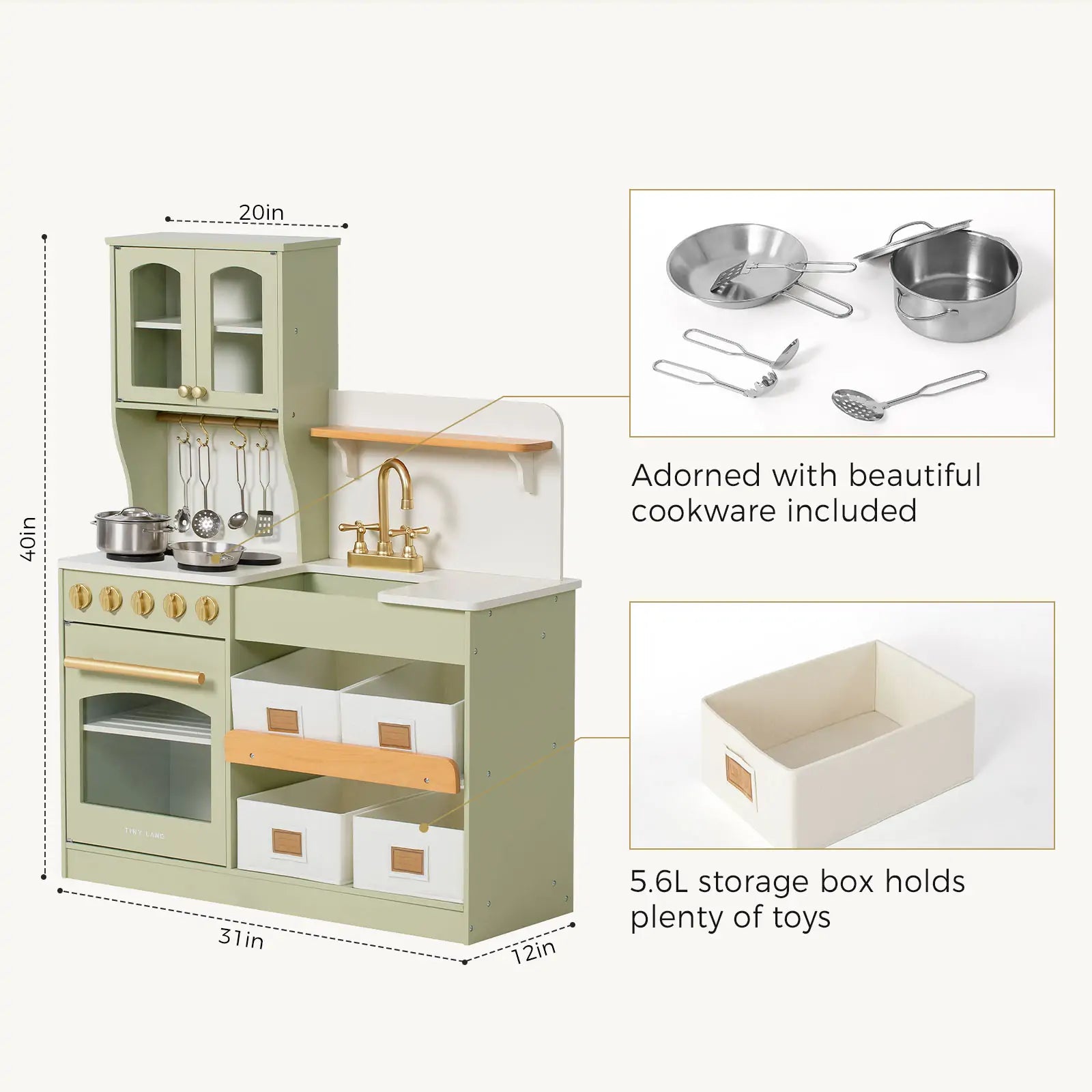 Dimensions and features of a blue wooden play kitchen with included cookware and 5.6L storage box