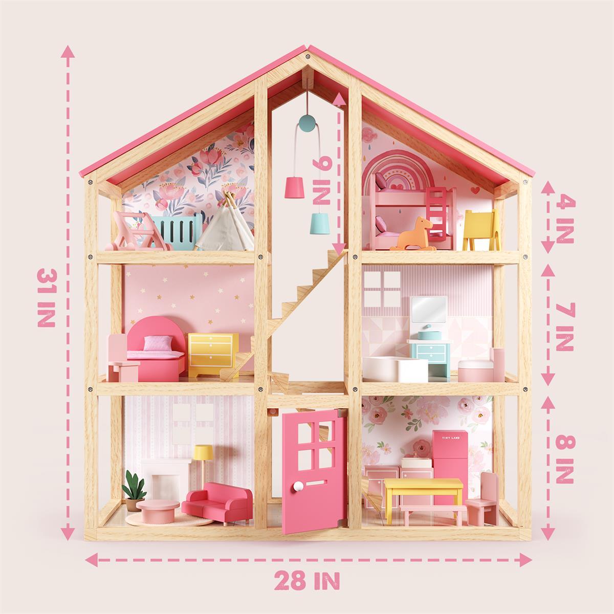 Tiny Land Wooden Dollhouse with 30pcs Furniture | for Girls 3-Level Kids